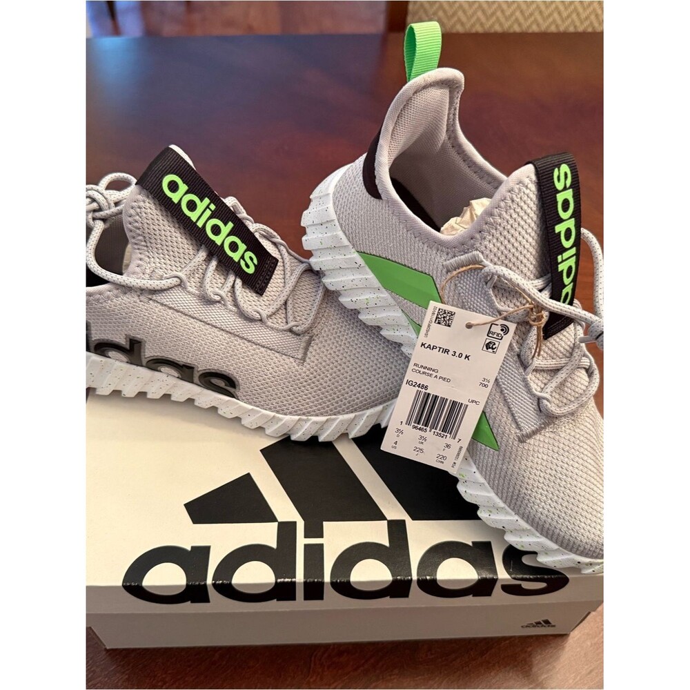 adidas Kids Kaptir 3.0 Light Gray Sneakers with Neon Green Accents